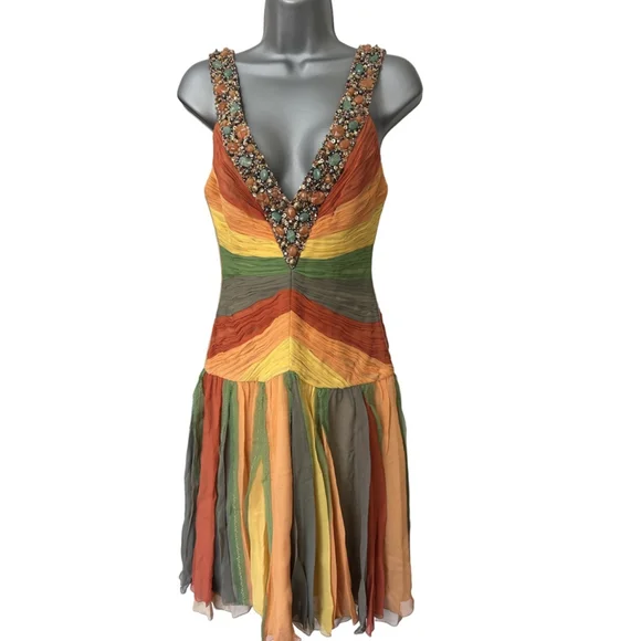 NWT Mandalay 100% Silk Mylticolored Midi Dress w/Gemstone&Beaded embellishment 4 - Picture 3 of 13